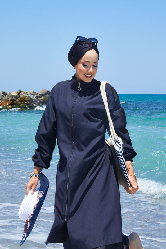 Maillot de bain hijab entièrement zippé et garni, bleu marine