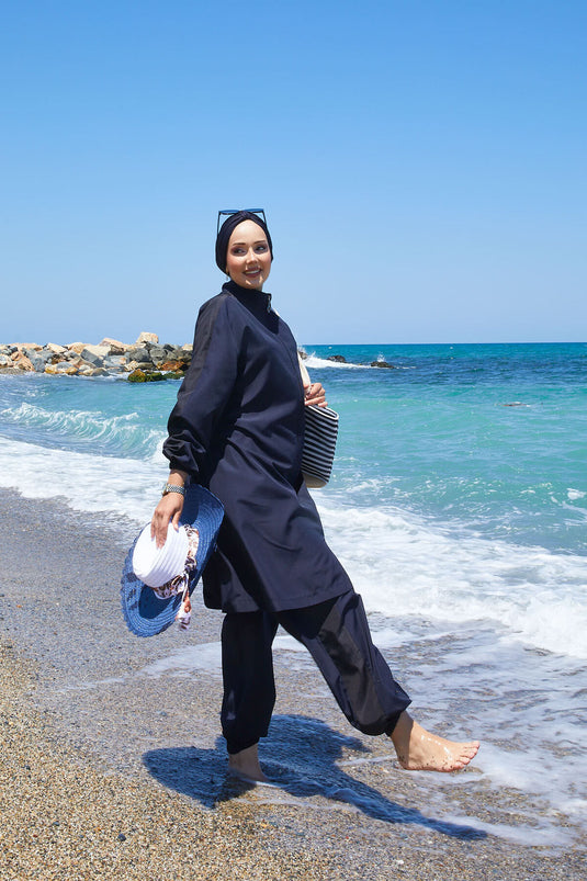 Full Zippered, Garnished Hijab Swimsuit, Navy Blue