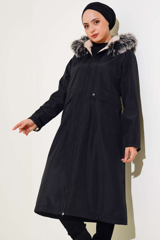 Manteau Long Zippé Doublé De Fourrure Noir