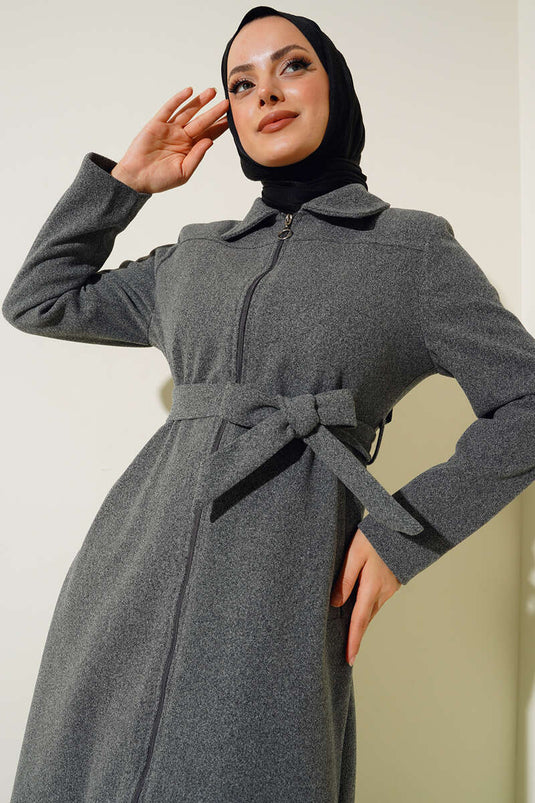 Manteau Cajou Ceinturé Zippé Sur Toute La Longueur Fumé