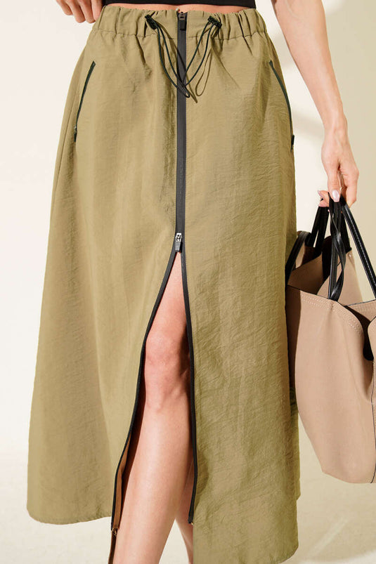 Boydan Fermuarlı Paraşüt Etek Haki