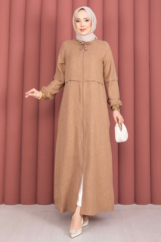 Boydan Fermuarlı Tesettür Ferace  Camel