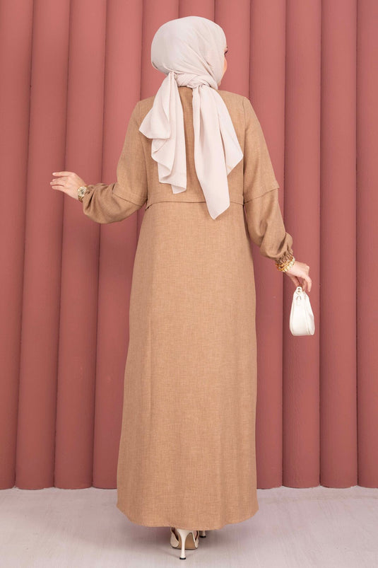 Boydan Fermuarlı Tesettür Ferace  Camel