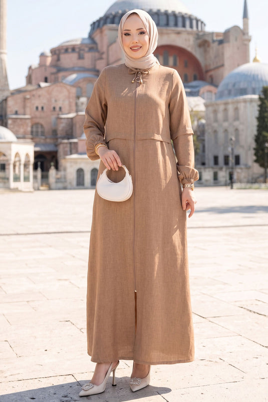 Boydan Fermuarlı Tesettür Ferace  Camel