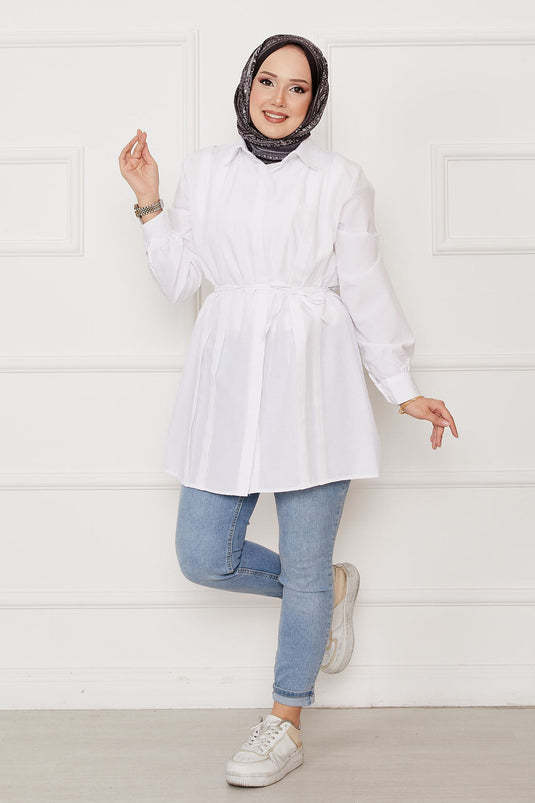 Boydan Gizli Düğmeli Pile Detaylı Tesettür Gömlek Beyaz
