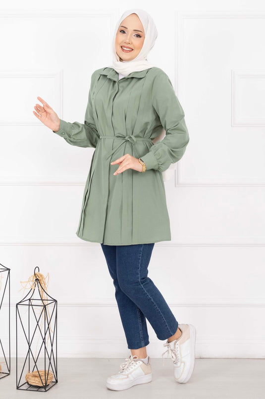 Boydan Gizli Düğmeli Pile Detaylı Tesettür Gömlek Çağla Yeşili