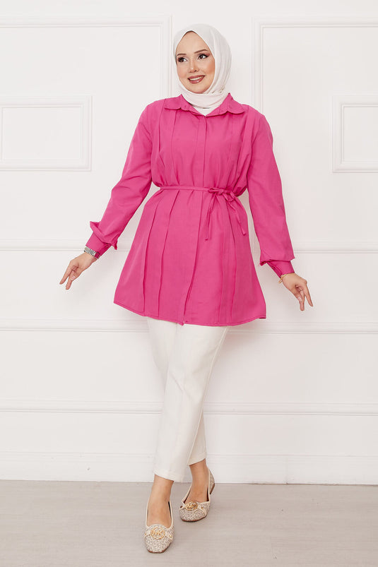 Boydan Gizli Düğmeli Pile Detaylı Tesettür Gömlek Fuşya