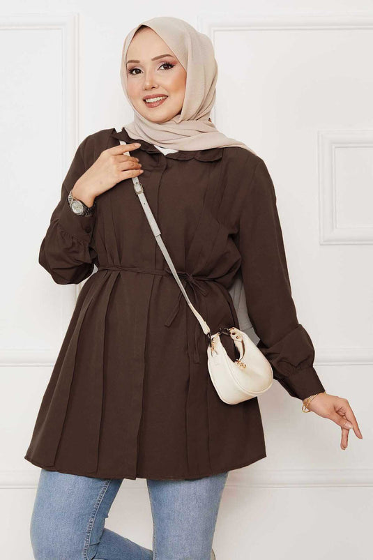 Chemise hijab à plis cachés et boutons cachés, marron