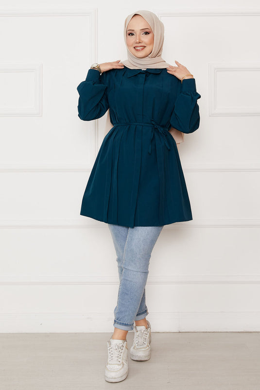 Boydan Gizli Düğmeli Pile Detaylı Tesettür Gömlek Petrol