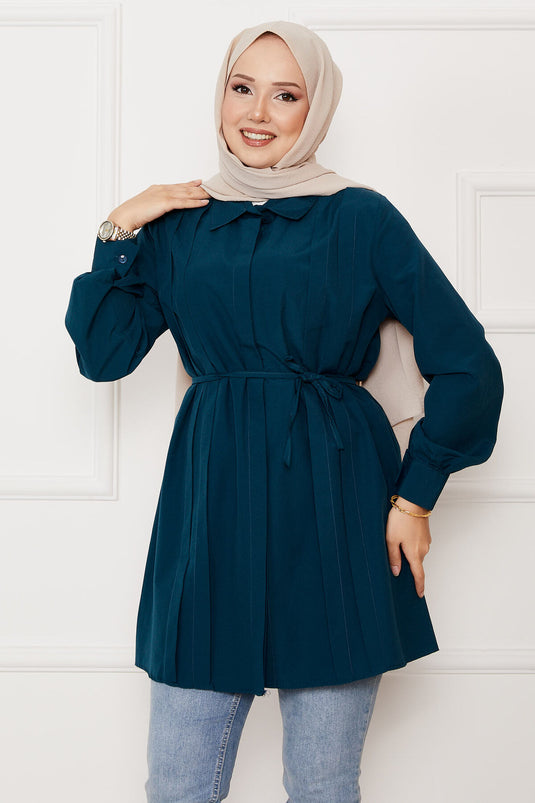 Boydan Gizli Düğmeli Pile Detaylı Tesettür Gömlek Petrol