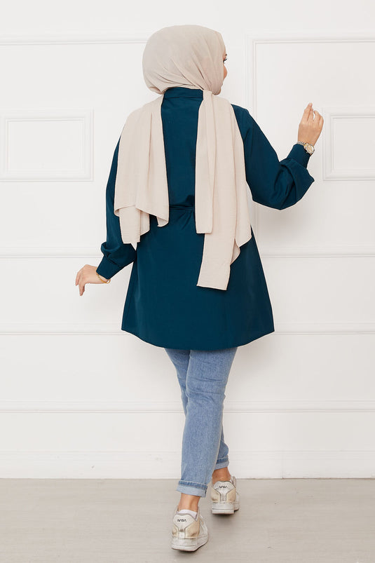 Boydan Gizli Düğmeli Pile Detaylı Tesettür Gömlek Petrol