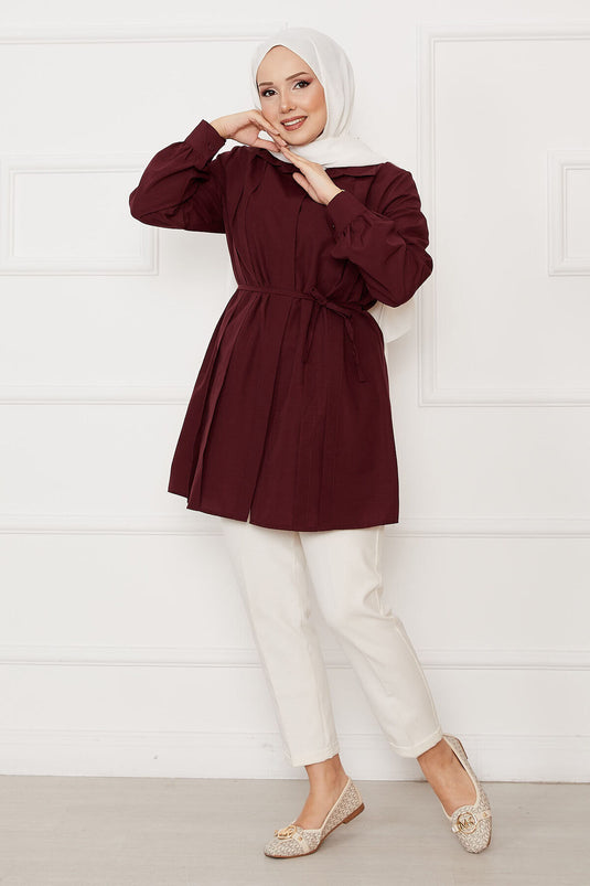 Lange Modest Overhemd Met Knopen En Plissé Details