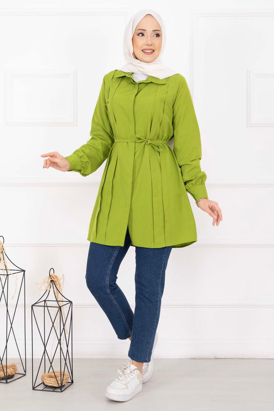 Full-Length Concealed Button Pleated Detail Modest Shirt Olive Green