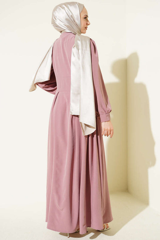 Boydan Gold Düğmeli Pensli Elbise Gül Kurusu
