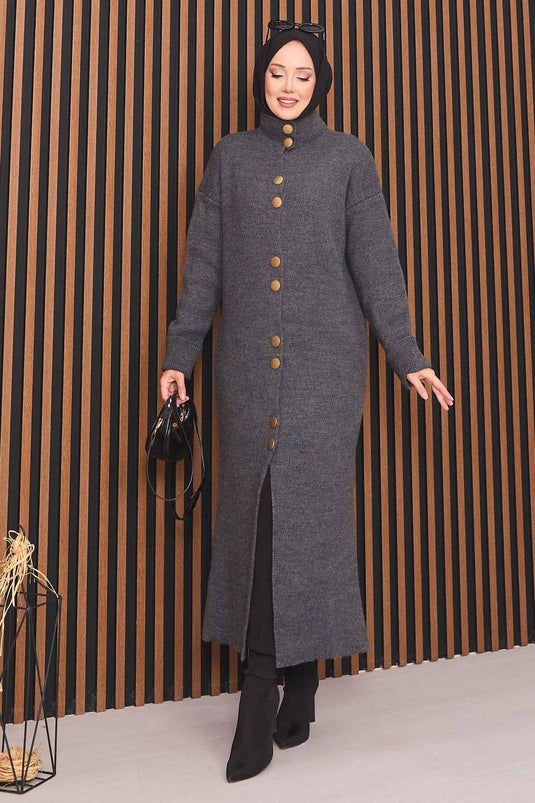 Gilet tricoté avec hijab et boutons dorés, couleur anthracite