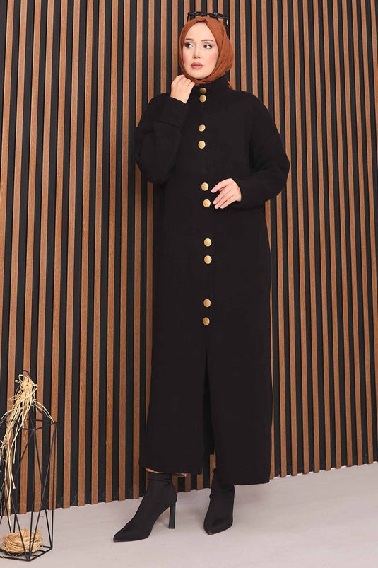 Black Hijab Knitwear Cardigan with Gold Buttons Throughout