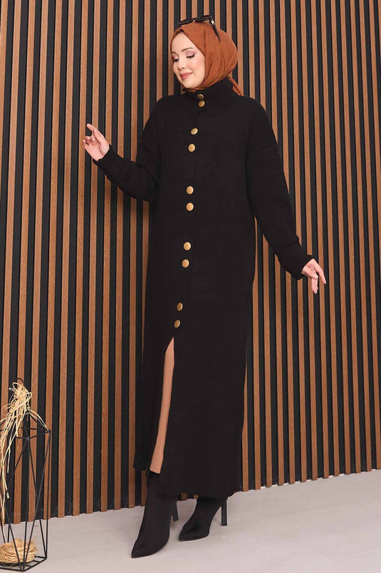 Black Hijab Knitwear Cardigan with Gold Buttons Throughout