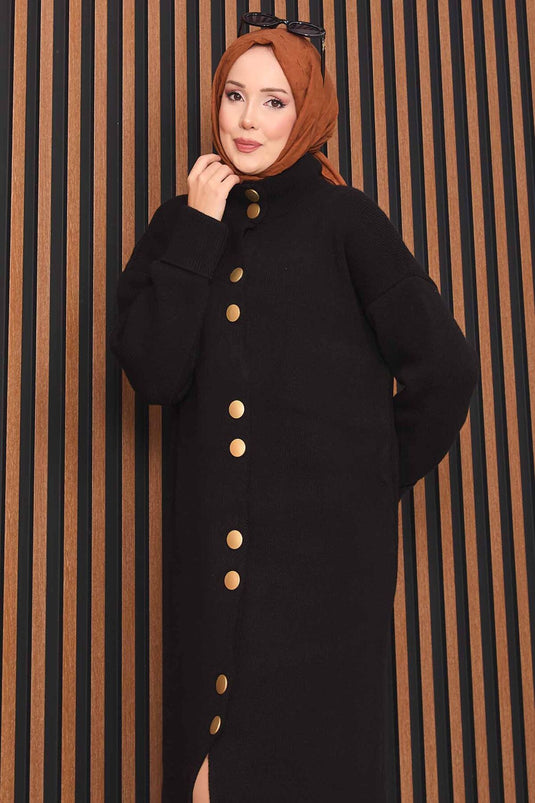 Black Hijab Knitwear Cardigan with Gold Buttons Throughout