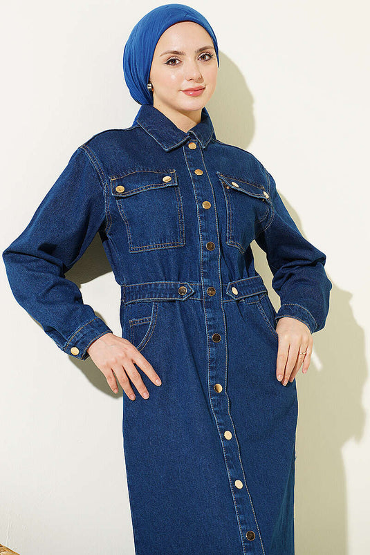 Jeanskleid mit durchgehender Metallknopfleiste, Blau