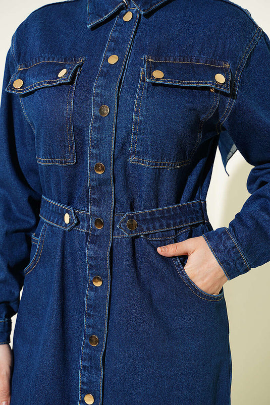 Jeanskleid mit durchgehender Metallknopfleiste, Blau