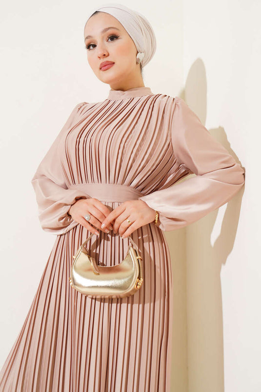 Boydan Pileli Saten Elbise Bej