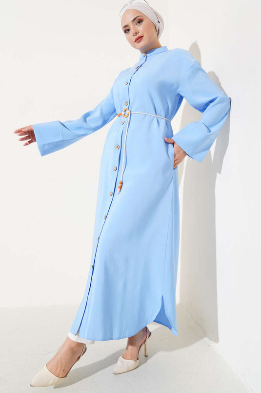 Robe Tencel Boutons Bois Allover Bleu