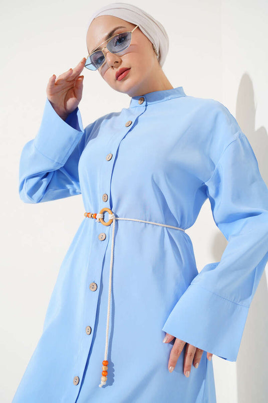 Robe Tencel Boutons Bois Allover Bleu