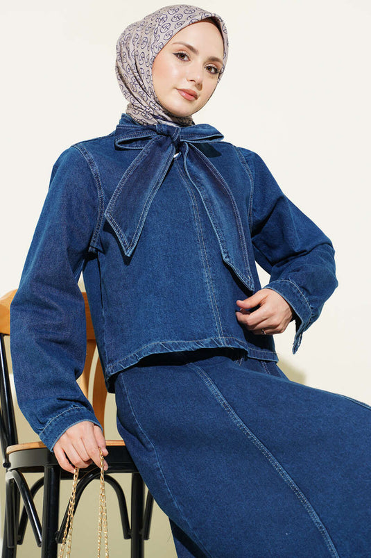 Denim Set with Neck-Tied Blouse and Skirt, Navy Blue