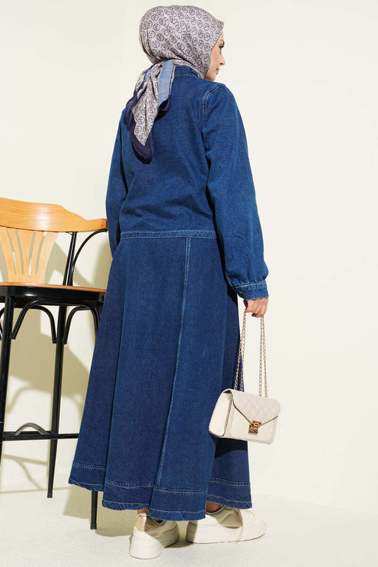 Denim Set with Neck-Tied Blouse and Skirt, Navy Blue