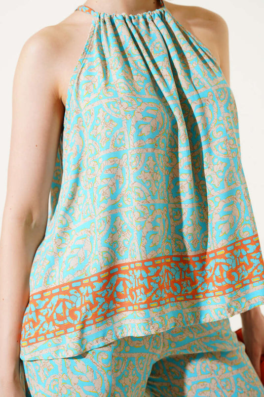 Costume deux pièces à motif ethnique avec cravate, couleur pétrole