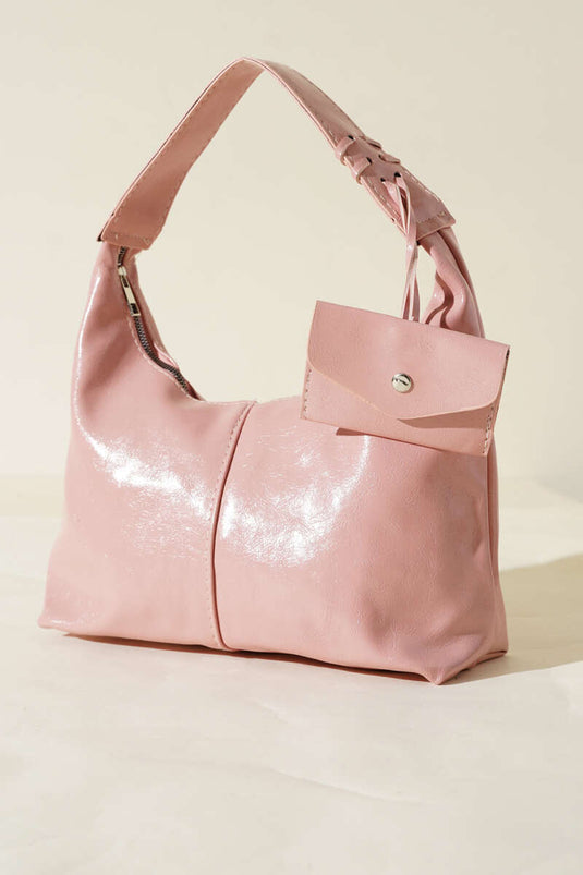 Sac en cuir verni avec porte-monnaie, poudre