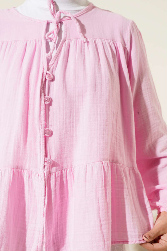 Brit Düğme Detaylı Bluz Pembe
