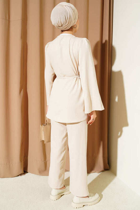 Brit Düğme Detaylı İp Kuşaklı İkili Takım Bej