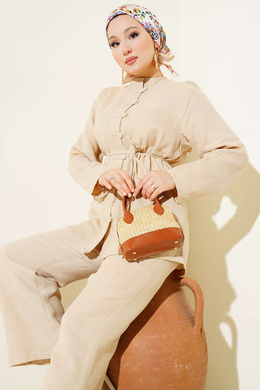 Brit Button Covered Two-Piece Suit Beige