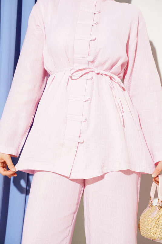 Brit Düğme Kaplamalı İkili Takım Pembe