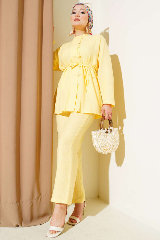 Brit Düğme Kaplamalı İkili Takım Sarı