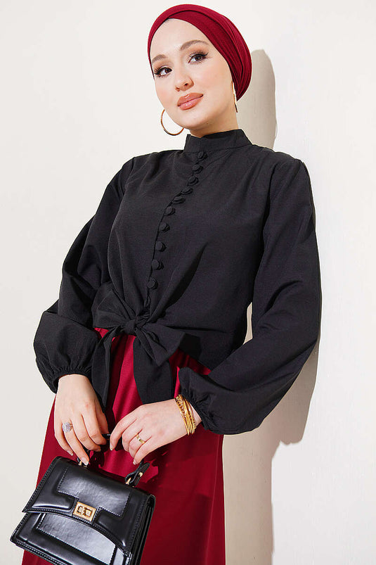 Chemise courte noire à boutons et lien Brit