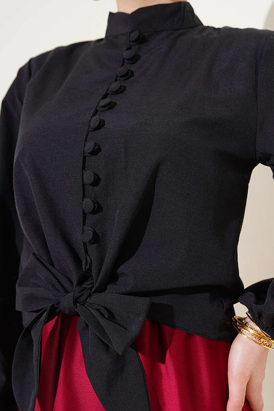 Chemise courte noire à boutons et lien Brit