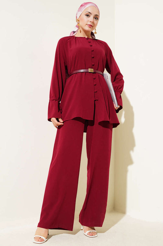 Costume deux pièces Brit boutonné à chevilles tunnel rouge bordeaux