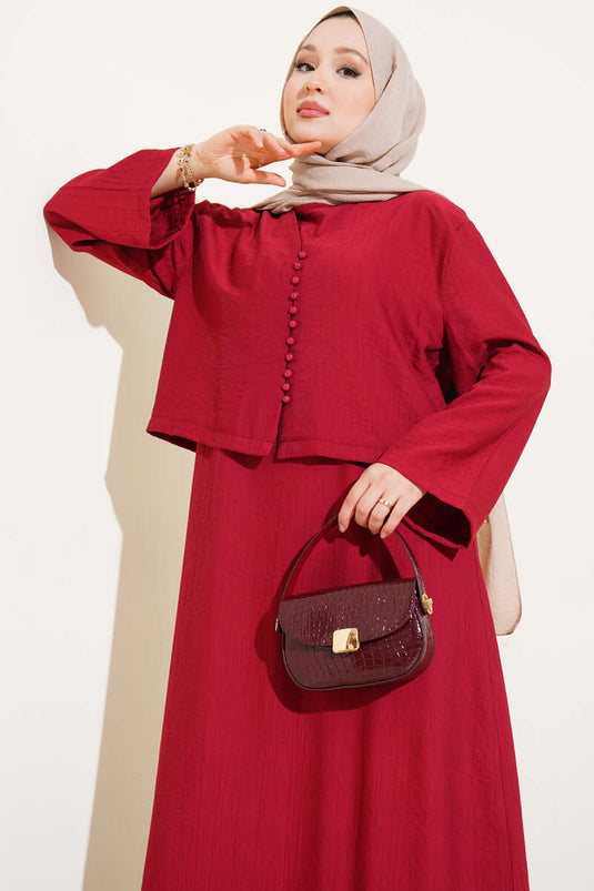 طقم بلوزة وسترة بأزرار من بريت مكون من قطعتين باللون العنابي