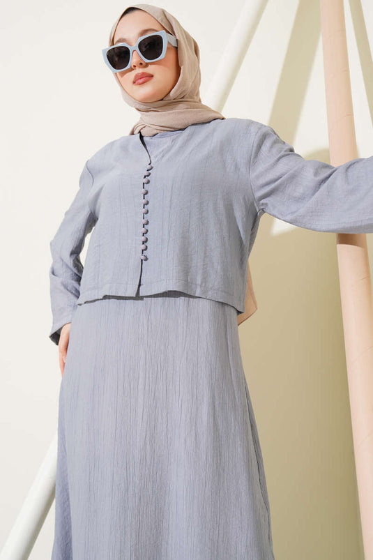 Brit Düğmeli Bluzlu Jile İkili Takım Gri