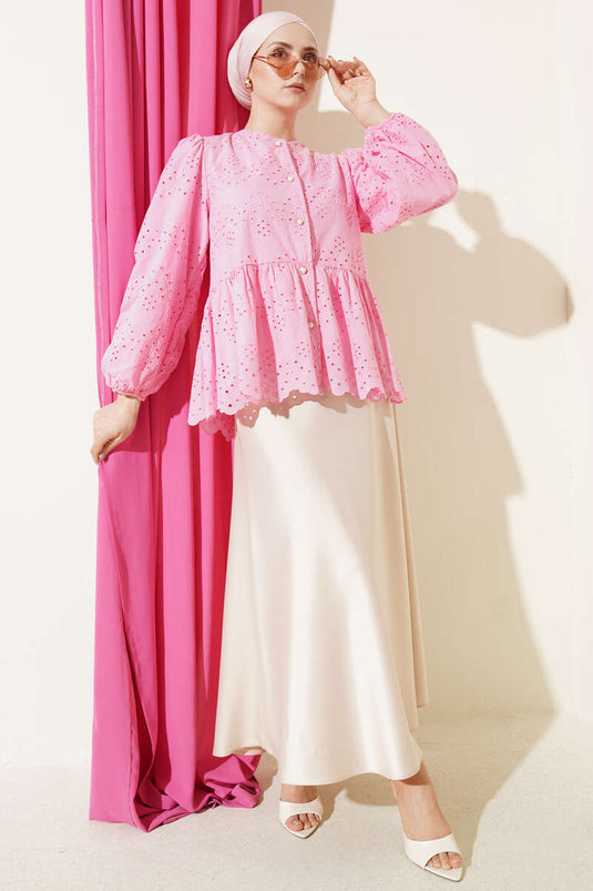 Camicia con bottoni Brit e pizzo rosa
