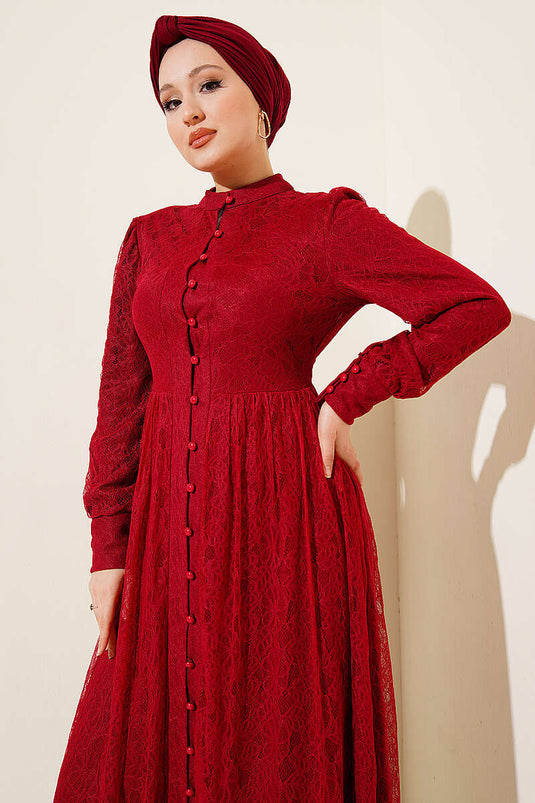 Brit Buttoned Lace Evening Dress Burgundy