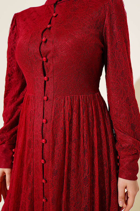 Brit Buttoned Lace Evening Dress Burgundy