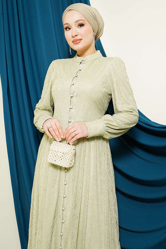 Brit Buttoned Lace Evening Dress in Olive Green