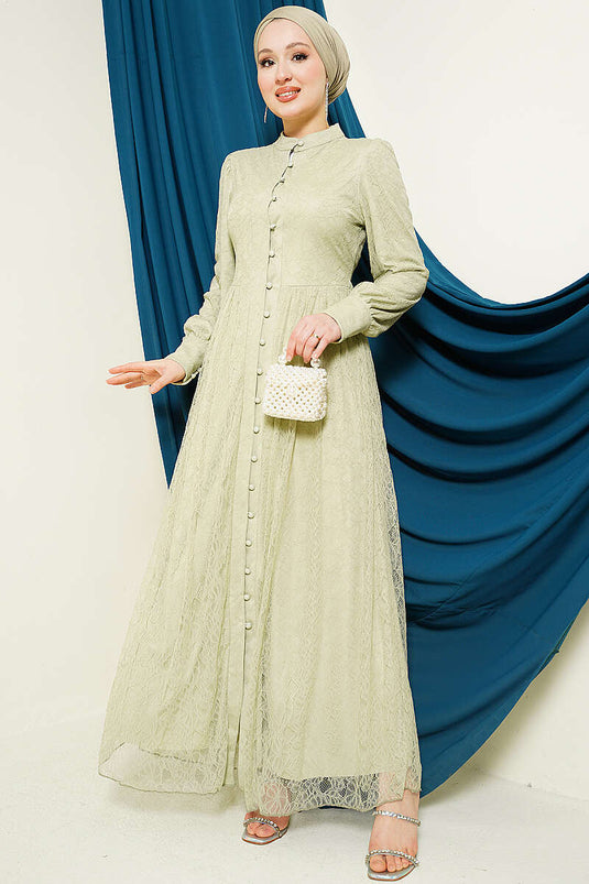 Brit Buttoned Lace Evening Dress in Olive Green