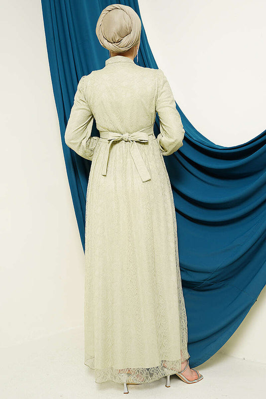 Brit Buttoned Lace Evening Dress in Olive Green
