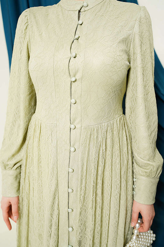 Brit Buttoned Lace Evening Dress in Olive Green
