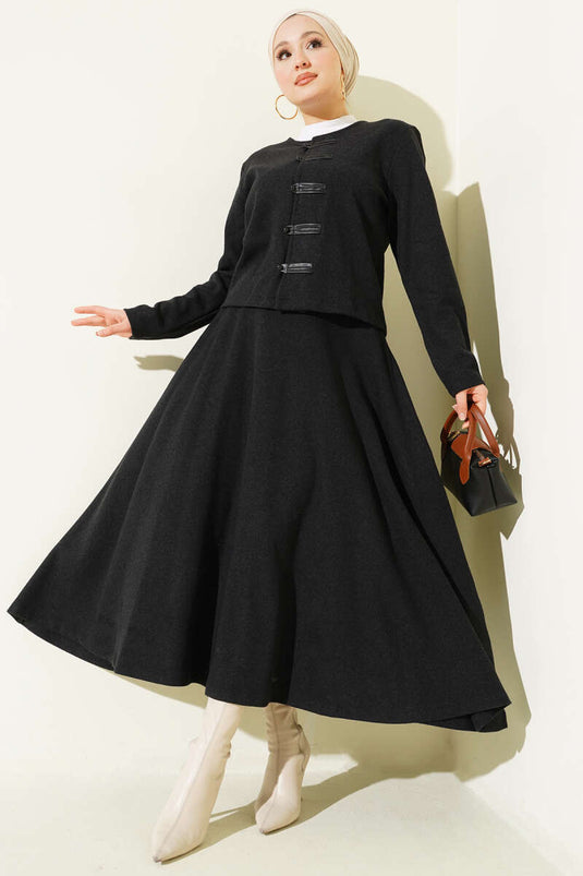 Brit Düğmeli Fitilli Kaşe Etekli İkili Takım Antrasit