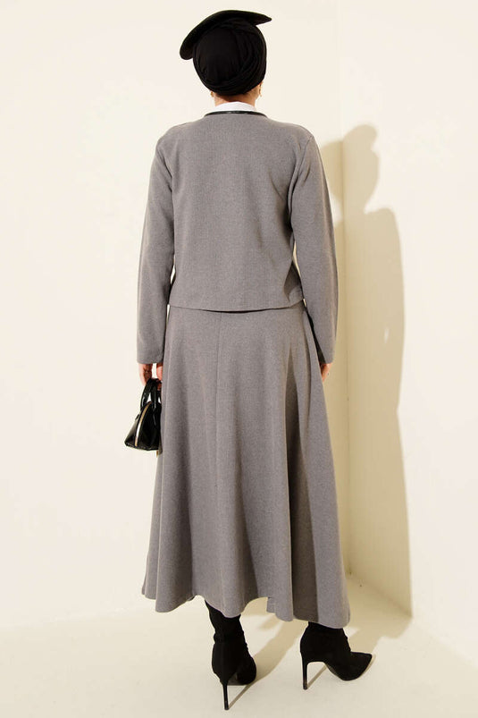 Brit Düğmeli Fitilli Kaşe Etekli İkili Takım Gri